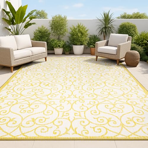 JONATHAN Y Vintage Filigree Indoor Outdoor Area Rug 9X12 Cream/Yellow, Madrid Textured Weave for Backyard, Patio, Porch, Easy-Cleaning, High Traffic, Pet-Friendly, Non-Shedding (SMB107D-9)