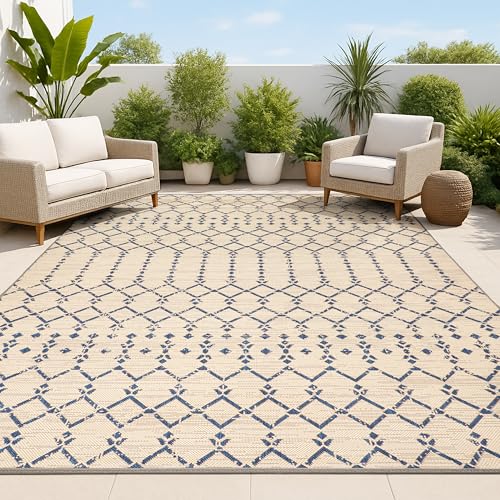 JONATHAN Y Moroccan Geometric Indoor Outdoor Area Rug 8X10 Beige/Navy, Ourika Textured Weave for Backyard, Patio, Porch, Easy-Cleaning, High Traffic, Pet-Friendly, Non-Shedding (SMB108H-8)