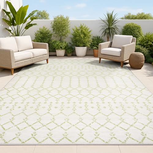 JONATHAN Y Moroccan Geometric Indoor Outdoor Area Rug 8X10 Cream/Green, Ourika Textured Weave for Backyard, Patio, Porch, Easy-Cleaning, High Traffic, Pet-Friendly, Non-Shedding (SMB108M-8)