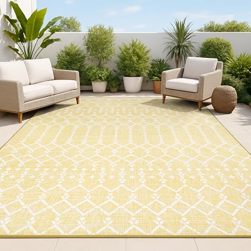 JONATHAN Y Moroccan Geometric Indoor Outdoor Area Rug 9X12 Yellow/Cream, Ourika Textured Weave for Backyard, Patio, Porch, Easy-Cleaning, High Traffic, Pet-Friendly, Non-Shedding (SMB108G-9)