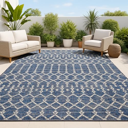 JONATHAN Y Moroccan Geometric Indoor Outdoor Area Rug 9X12 Navy/Beige, Ourika Textured Weave for Backyard, Patio, Porch, Easy-Cleaning, High Traffic, Pet-Friendly, Non-Shedding (SMB108K-9)