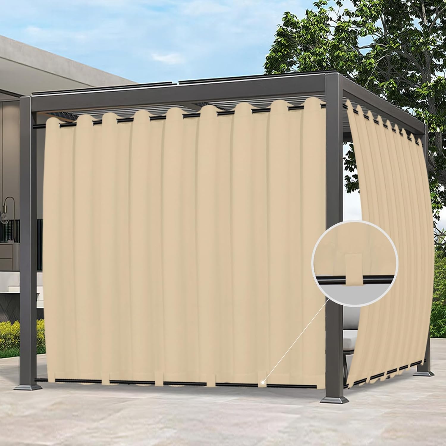 Easy-Going Outdoor Curtains Waterproof Windproof Weatherproof Curtain for Patio, Cabana, Porch, Pergola and Gazebo, Grommet Top and Tab Bottom Drape, 1panel, 150x84 inch, Beige