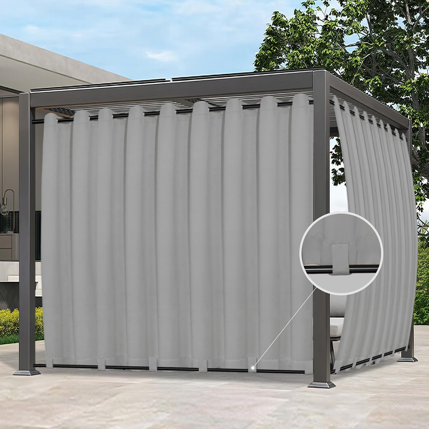 Easy-Going Outdoor Curtains Waterproof Windproof Weatherproof Curtain for Patio, Cabana, Porch, Pergola and Gazebo, Grommet Top and Tab Bottom Drape, 1panel, 150x84 inch, Light Grey