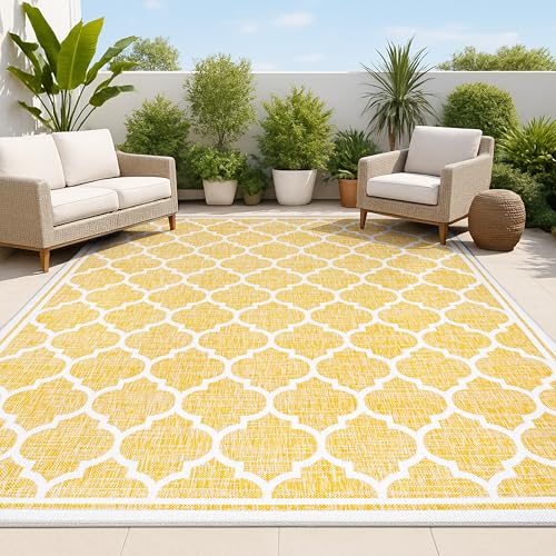JONATHAN Y Moroccan Trellis Indoor Outdoor Area Rug 8X10 Yellow/Cream, Trebol Textured Weave for Backyard, Patio, Porch, Easy-Cleaning, High Traffic, Pet-Friendly, Non-Shedding (SMB109F-8)