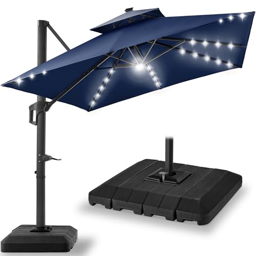 Best Choice Products 10x10ft Cantilever Patio Umbrella w/Base Included, Solar LED Lights 360 Rotation Large Offset Hanging Outdoor Shade for Deck Pool Backyard w/Stand  Navy Blue