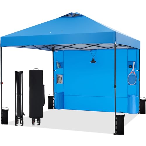 10'x10' Pop Up Canopy Tent with 1 Sidewall and 6 Pockets, One Push Setup, Instant Shade Tent with Vented Roof for Beach Patio Outdoor, Case, 8 Stakes, 4 Ropes, 4 Sandbags (Blue, 10x10)