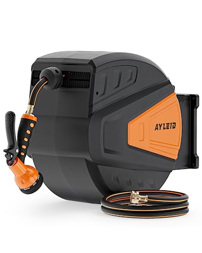 Ayleid Retractable Garden Hose Reel,1/2 in x 65 ft Wall Mounted Hose Reel, with 9- Function Sprayer Nozzle, Any Length Lock/Slow Return System/Wall Mounted/180Swivel Bracket (Grey)