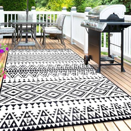 Outdoor Rug Mat for Patio, 6x9ft Waterproof Reversible Plastic Straw Rugs, Camping Carpet Area Mats for RV, Porch, Deck, Backyard, Balcony, Camper, Trailer, Black & White