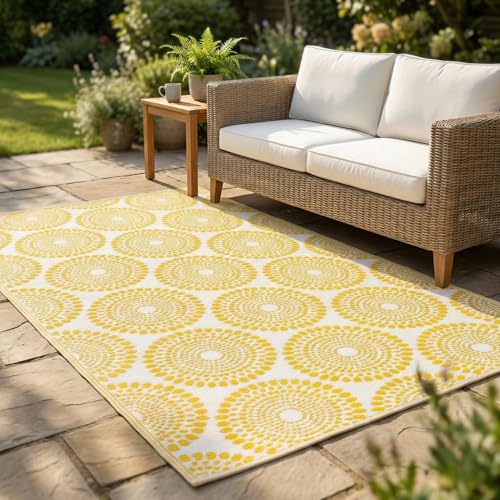 Fab Habitat Outdoor Rug - Waterproof, Fade Resistant, Crease-Free - Premium Recycled Plastic - Floral Medallion - Large Patio, Deck, Sunroom, Camping, RV - Rio - Yellow - 6 x 9 ft