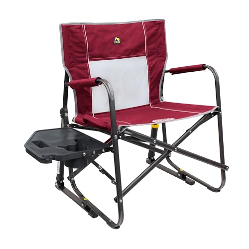 GCI OUTDOOR Freestyle Rocker XL with Side Table Camping Chair | Portable Folding Rocking Chair with Solid, Durable Armrests, Drink Holder & Comfortable Backrest  Red