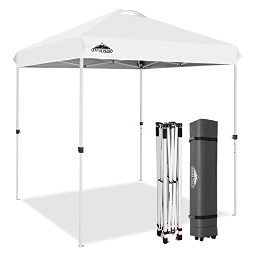 EAGLE PEAK Pop Up Canopy Tent with Wheeled Carry Bag, 8 Stakes, 4 Ropes, Easy Set Up Tent Canopy, 6.6x6.6 ft, White