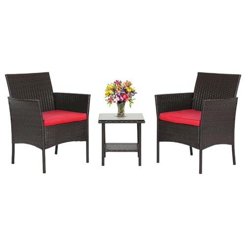 FDW 3 Piece Bistro Conversation Set Patio Brown Wicker Chairs Furniture Outdoor Furniture Set 2 Rattan Chairs with Red Cushions and Glass Coffee Table for Porch Lawn Garden Balcony Backyard