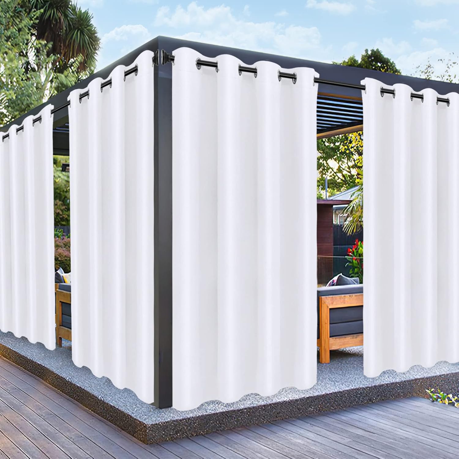 PureFit Outdoor Curtains for Patio Waterproof  Weatherproof, UV and Fade Resistant Outside Curtains for Gazebo, Front Porch, Pergola, Sun Blocking Privacy Curtain, 52W x 108L inch, Set of 2, White
