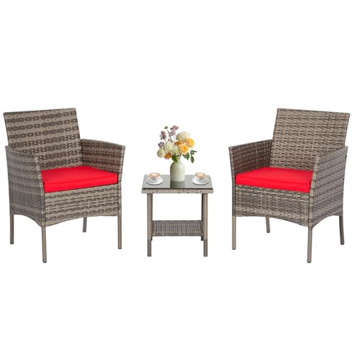 FDW 3 Piece Outdoor Furniture Set Patio Gray Wicker Chairs Furniture Bistro Conversation Set 2 Rattan Chairs with Red Cushions and Glass Coffee Table for Porch Lawn Garden Balcony Backyard