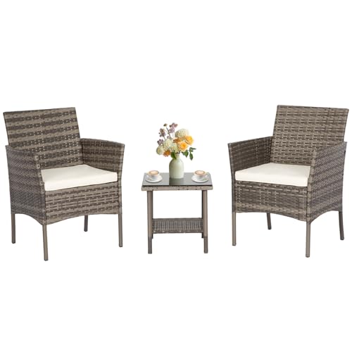 FDW 3 Piece Outdoor Furniture Set Patio Gray Wicker Chairs Furniture Bistro Conversation Set 2 Rattan Chairs with Khaki Cushions and Glass Coffee Table for Porch Lawn Garden Balcony Backyard