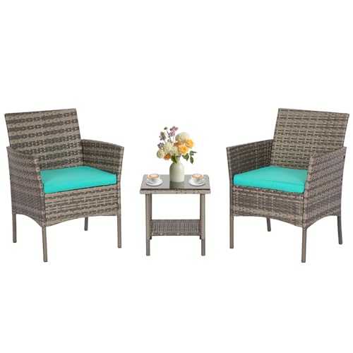FDW 3 Piece Outdoor Furniture Set Patio Gray Wicker Chairs Furniture Bistro Conversation Set 2 Rattan Chairs with Blue Cushions and Glass Coffee Table for Porch Lawn Garden Balcony Backyard