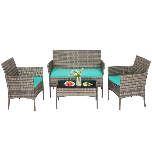 FDW | 4-Piece Patio Furniture Set | Gray & Blue | Outdoor Wicker Furniture with Coffee Table | Modern Rattan Chairs Conversation Set | Outdoor Seating | Weather-Resistant | for Porch, Garden, Lawn