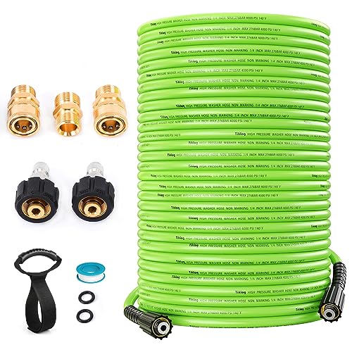 Pressure Washer Hose 100FT 1/4, 4000 PSI Kink Resistant High Pressure Hose M22 14mm Thread, Flexible Extension Replacement Hose with 3/8 Quick Connect Adapters for Power Washing
