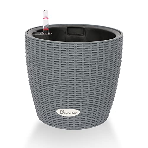Dexceder 9x8 Inches Rattan Self Watering Planter Indoor Outdoor, Inner Pot Design, Thickened Table Flower Plant Pot with Water Level Indicator (Deep Gray)