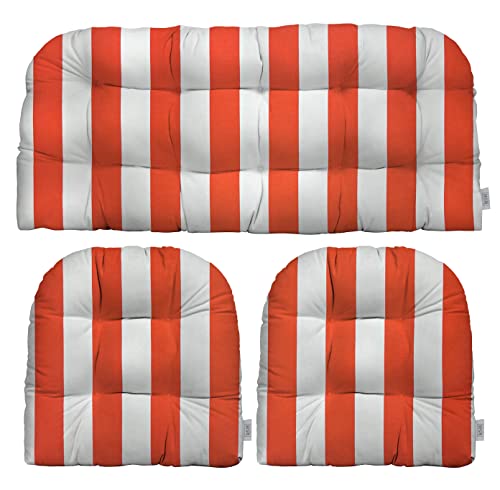 RSH DECOR 3-Piece Wicker Tufted Cushion Set (Coral & White Stripe)