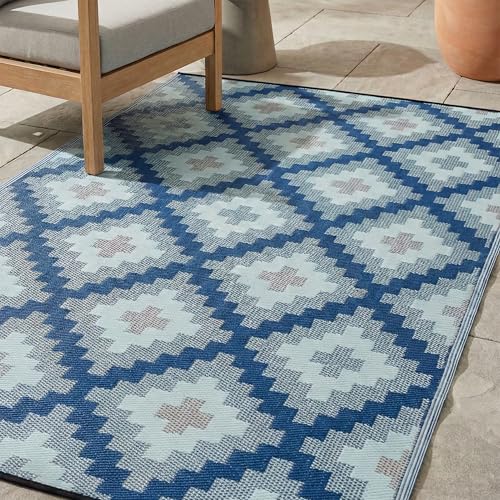 FH Home Outdoor Rug - Waterproof, Fade Resistant, Reversible - Premium Recycled Plastic - Geometric - Patio, Deck, Porch, Balcony, Laundry Room - Aztec Kilim - Blue Multi Crease Free - 4 x 6 ft