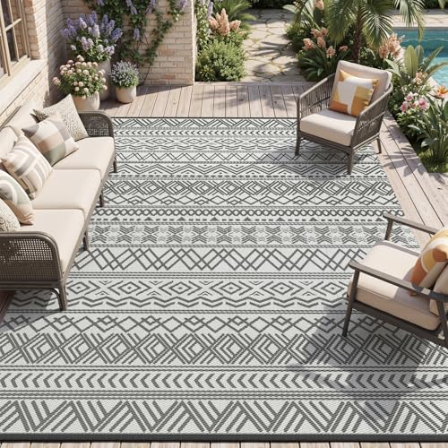 MontVoo Outdoor Rug Carpet Waterproof 9x18 Outdoor Patio Rug Mat Reverisble Plastic Straw Outdoor Rug for RV Camping Picnic Beach Balcony Boho Grey Large