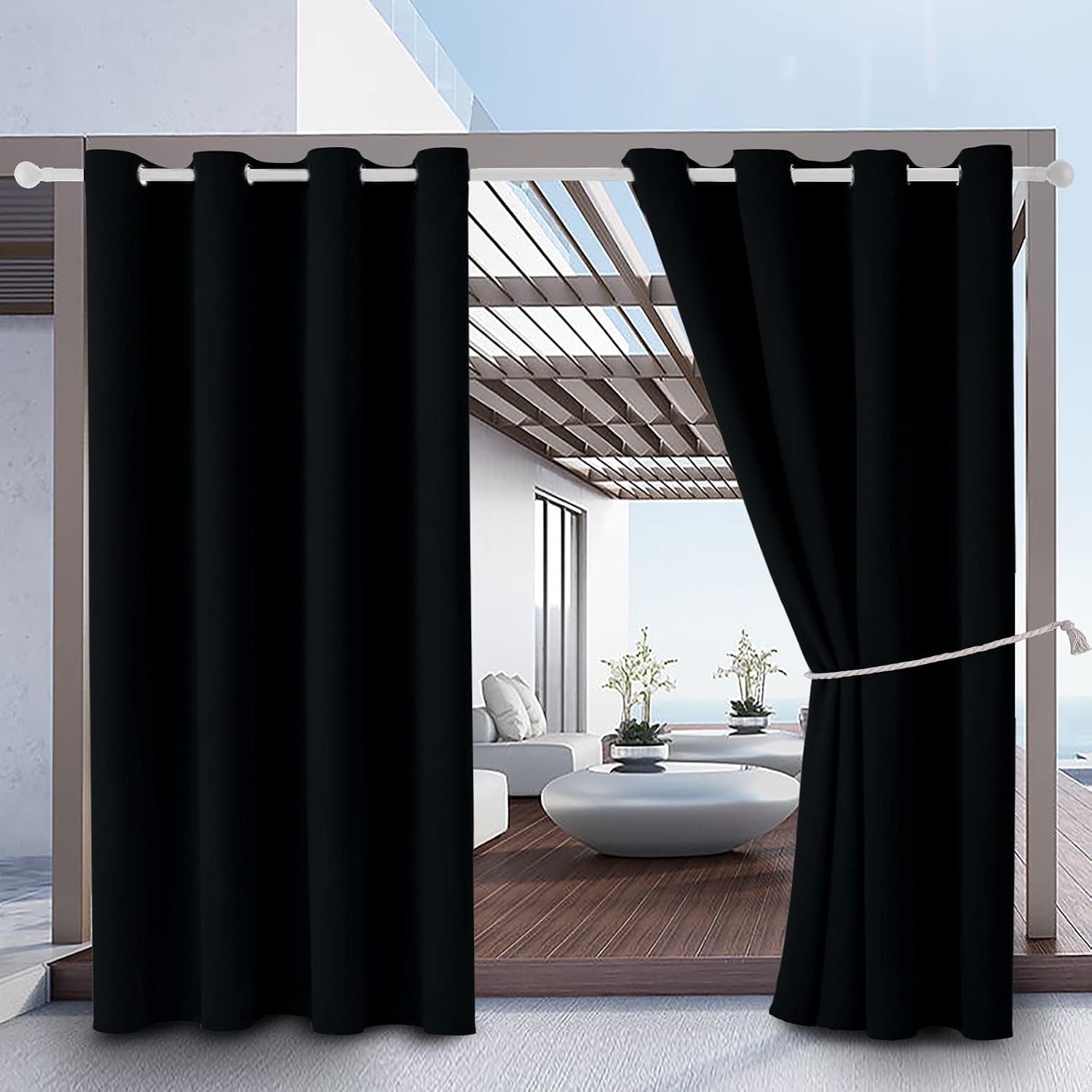 Outdoor Indoor Curtains W52 x L108 for Patio Weather-resistant Window Panels Privacy Protect Grommet Top Thermal Insulated Home Curtain for Porch Lawn Garden Hot Tub Area (Black, 2 Panels)