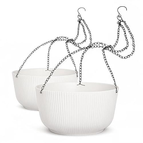 Dexceder 11.2 Inch Self Watering Hanging Planters Indoor Outdoor, Thickened Hanging Basket Flower Plant Pot (2 Pack, White)
