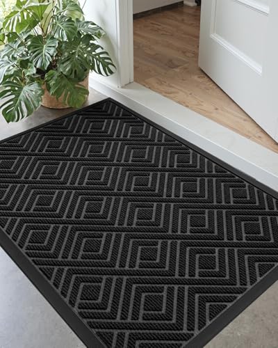 DEXI Front Door Mat Outside Entrance, Heavy Duty Rubber Backed Doormat, Stain and Fade Resistant, Low-Profile Easy Clean Entryway Floor Mats, 32x48, Checkered Black