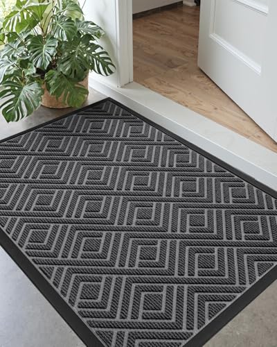 DEXI Front Door Mat Outside Entrance, Heavy Duty Rubber Backed Doormat, Stain and Fade Resistant, Low-Profile Easy Clean Entryway Floor Mats, 32x48, Checkered Grey