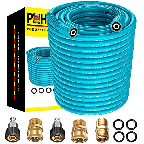 POHIR Pressure Washer Hose 100ft Flexible and Durable, Upgarde Kink Resistant Heavy Duty Replacement Hose 4000 PSI, High Power Washer Extension Hose with M22 to 3/8 Quick Connect and M22 Adapter
