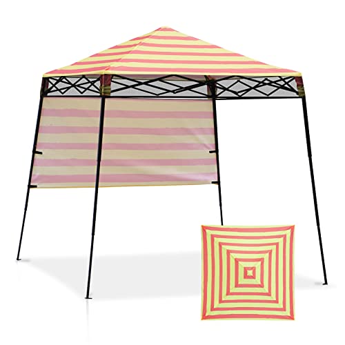 EAGLE PEAK 8x8 Pop Up Canopy Tent with Sidewall, Compact, Portable Slant Leg Instant Sun Shelter for Beach, Sports, & Camping, 8x8 Base 6x6 Top, Orange Yellow Stripe
