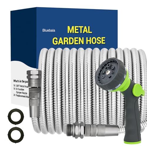 Stainless Steel Garden Hose - 25 FT Metal Water Hose with Solid Swivel Fittings, 8-Mode Spray Nozzle, Heavy Duty, Leak Proof, Puncture Resistant, No Kink for Gardening, Outdoor, Yard, Car