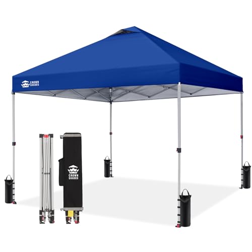 CROWN SHADES 10x10 Pop Up Canopy - Beach Tent with One Push Setup - Easy Outdoor Sun Shade for Events, Parties, Camping - Gazebo with STO-N-Go Cover Bag, Silver Coated Top, Navy Blue