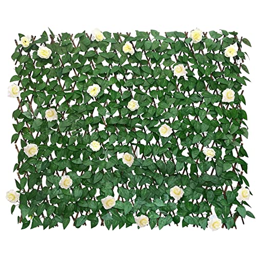 GLANT Expandable Fence Privacy Screen for Balcony Patio Outdoor,Decorative Faux Ivy Fencing Panel,Artificial Hedges (Single Sided Leaves) (1, White Rose)