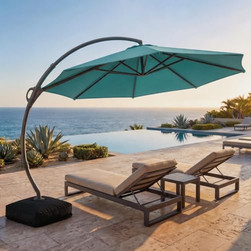 LAUSAINT HOME Outdoor Patio Umbrella with Base, 11 FT Deluxe Curvy Cantilever Umbrella Heavy Duty Offset Hanging Umbrella with 360 Rotation for Market, Pool, Garden, Backyard, Deck (Turquoise Blue)