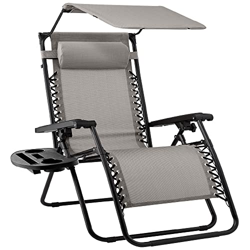 Best Choice Products Folding Zero Gravity Outdoor Recliner Patio Lounge Chair w/Adjustable Canopy Shade, Headrest, Side Accessory Tray, Textilene Mesh - Ice Gray