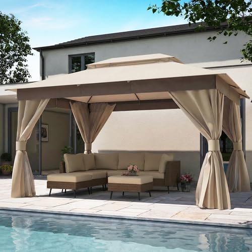 LAUSAINT HOME Outdoor Patio Gazebo 10'x13' with Expansion Bolts, Heavy Duty Gazebos Party Tent Shelter with Double Roofs, Mosquito Nets and Privacy Screens for Backyard, Garden, Lawn, Khaki