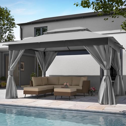 LAUSAINT HOME Outdoor Patio Gazebo 10'x13' with Expansion Bolts, Heavy Duty Party Tent & Shelter with Double Roofs, Mosquito Nettings and Privacy Screens for Backyard, Garden, Lawn, Smoke Grey