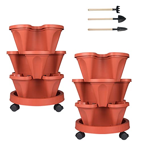 Vertical Planter 3 Tier Stackable Planters Garden Planters Strawberry Herb Flower and Vegetable Planter Indoor Outdoor Gardening Pots with Removable Wheels and Tools 2-Pack