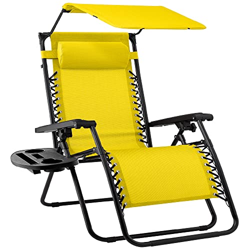 Best Choice Products Folding Zero Gravity Outdoor Recliner Patio Lounge Chair w/Adjustable Canopy Shade, Headrest, Side Accessory Tray, Textilene Mesh - Sunflower Yellow