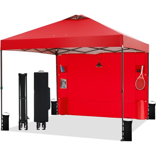 10'x10' Pop Up Canopy Tent with 1 Sidewall and 6 Pockets, One Push Setup, Instant Shade Tent with Vented Roof for Beach Patio Outdoor, Case, 8 Stakes, 4 Ropes, 4 Sandbags (Red, 10x10)