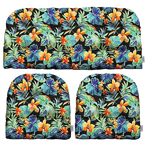 RSH DECOR: 3-Piece Wicker Tufted Cushion Set | 41 x 19" & 19" x 19" | All-Weather Spun Fabric | Water Resistant | Outdoor Loveseat & U-Shape Cushions for Patio Furniture | Beachcrest Caviar