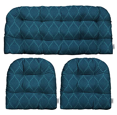 RSH DECOR: 3-Piece Wicker Tufted Cushion Set | 41 x 19" & 19" x 19" | All-Weather Spun Fabric | Water Resistant | Outdoor Loveseat & U-Shape Cushions for Patio Furniture | Fenbrook Blue
