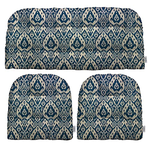 RSH DECOR: 3-Piece Wicker Tufted Cushion Set | 41 x 19" & 19" x 19" | All-Weather Spun Fabric | Water Resistant | Outdoor Loveseat & U-Shape Cushions for Patio Furniture | Ashmore Marine