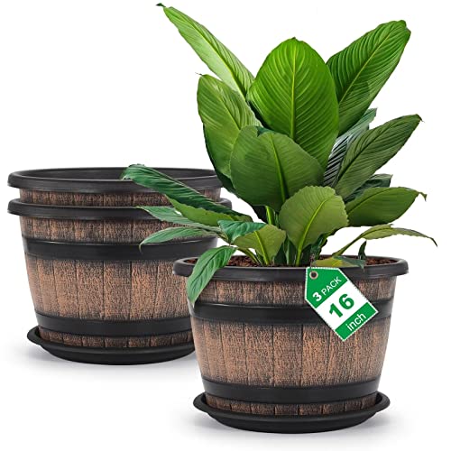 Quarut Large Plastic 3 Pack16 inch Plant Pots,Whiskey Barrel Planters with Drainage Holes & Saucer.Flower Pots Imitation Wine Barrel Design for Indoor & Outdoor Garden Balcony Plants.7 Gallons(Brown)