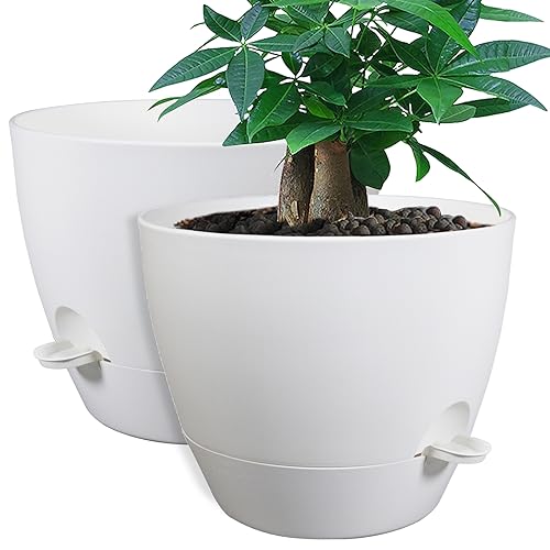 12inch 2Pack Large Self Watering Planters, Plastic Plant Pots with 60oZ Removable Deep Reservoir and Multi Mesh Drainage Holes for Indoor Outdoor Garden Plants and Flowers, White