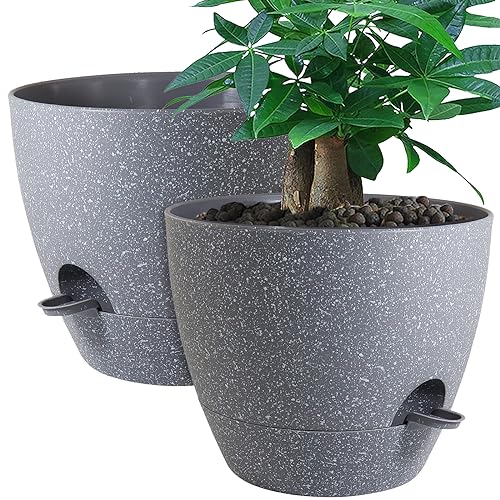 12inch 2Pack Large Self Watering Planters, Plastic Plant Pots with 60oZ Removable Deep Reservoir and Multi Mesh Drainage Holes for Indoor Outdoor Garden Plants and Flowers, Grey Speckles
