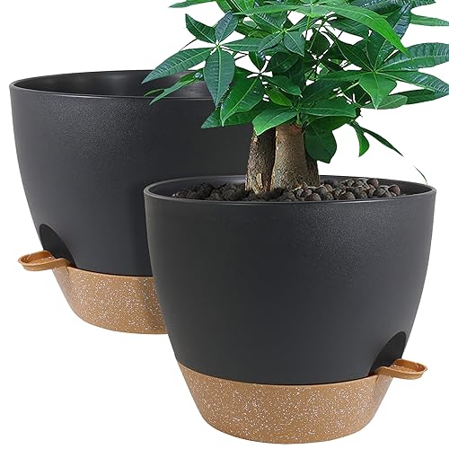 12inch 2Pack Large Self Watering Planters, Plastic Plant Pots with 60oZ Removable Deep Reservoir and Multi Mesh Drainage Holes for Indoor Outdoor Garden Plants and Flowers, Black with Brown