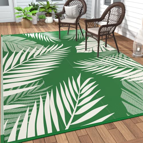 GENIMO Outdoor Rug 8' x 10' Waterproof for Patios Clearance, Reversible Outdoor Plastic Straw Camping Rug Carpet, Large Area Rugs Mats for RV, Picnic, Backyard, Deck, Balcony, Porch, Dark Green&White